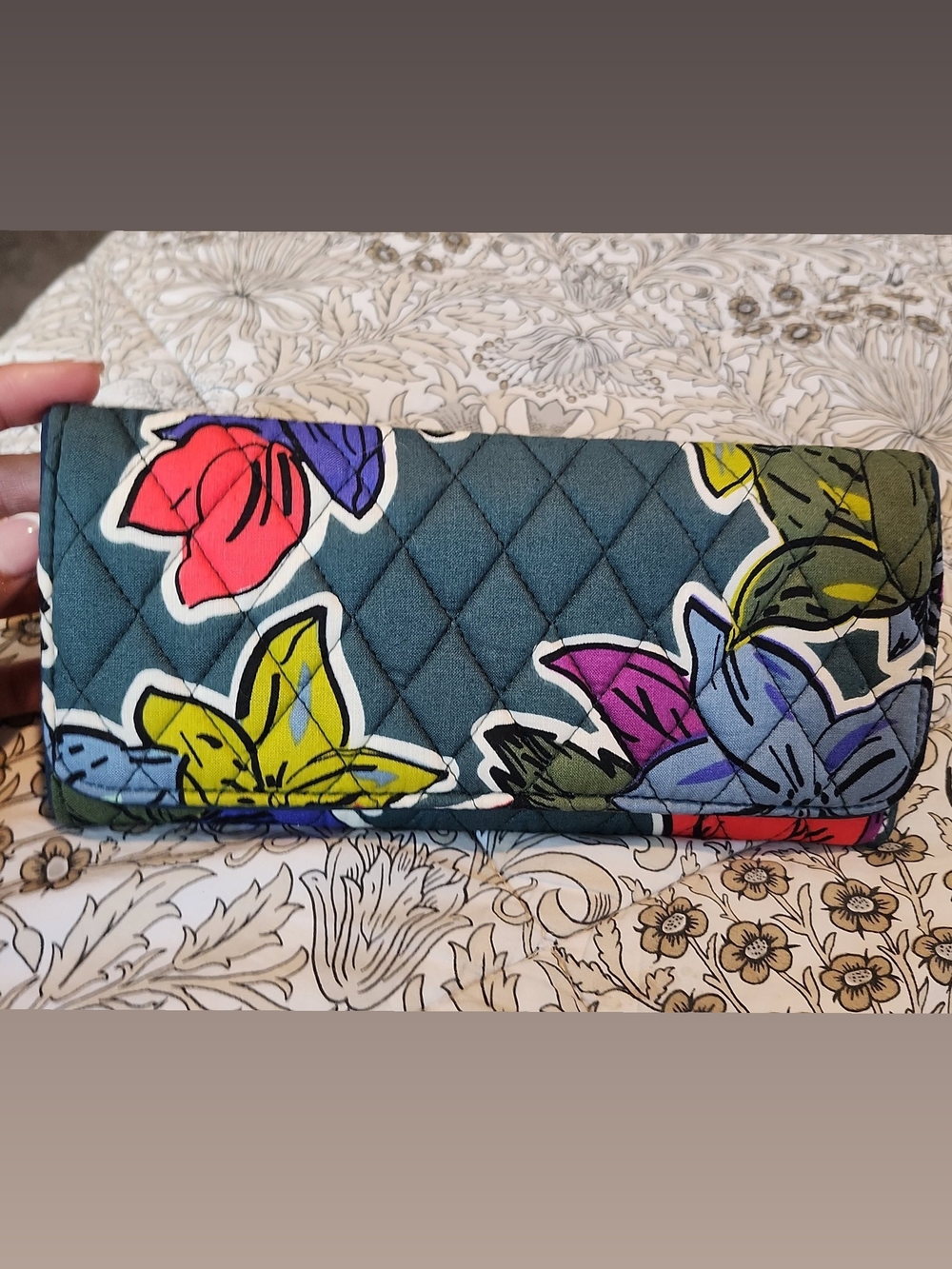 Vera Bradley Teal Quilted Floral Fold-Over Wallet - Picture 1 of 3